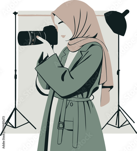 Stylish Muslim Woman Photographer in Studio Setup