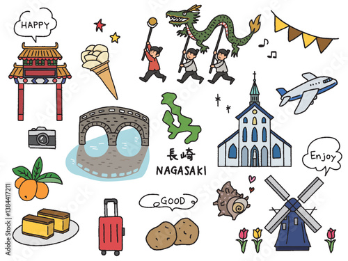 長崎の手描きイラストセット