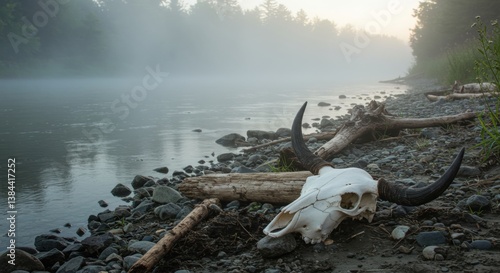 Serene riverside scene at dawn featuring a buffalo skull among driftwood and misty surroundings - steer skull | cow skull
