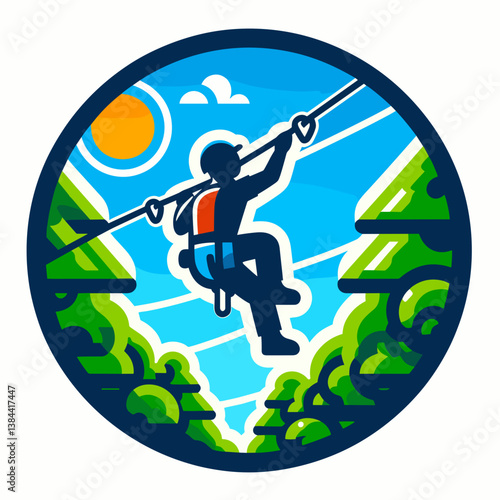 Adventurer Zip-lining through Lush Green Forest under Blue Sky  