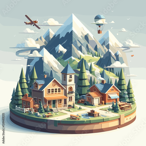 Whimsical Mountain Village with Houses and Trees in a Scenic Landscape  