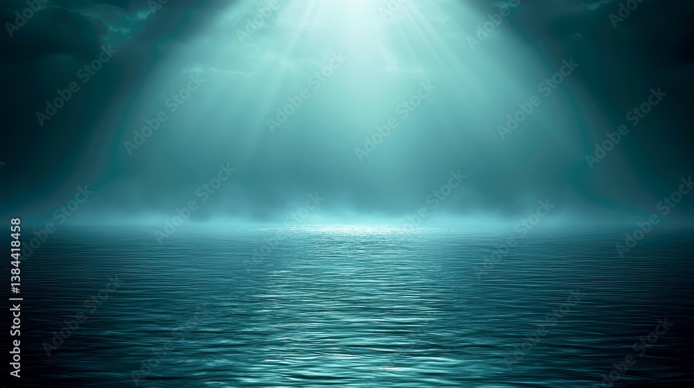 Fototapeta premium Serene Seascape: Enigmatic Ocean View with Rays of Light Piercing Through Dark Clouds