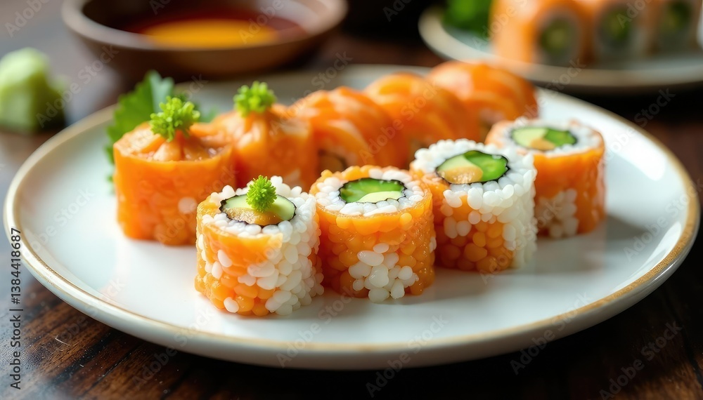 Variety of sushi rolls on white plate, soy sauce, wasabi, maki, tasty, delicious Variety of sushi rolls on white plate, soy sauce, wasabi, maki, tasty, delicious