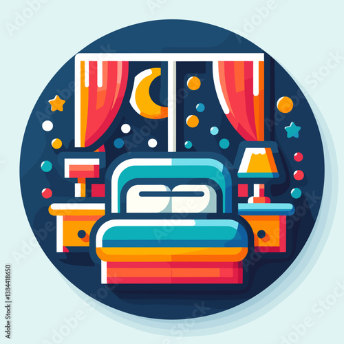 Cozy bedroom interior with moonlight and colorful decor  
