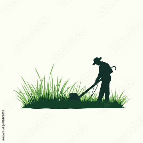 Farmer silhouette cutting grass against a simple background  