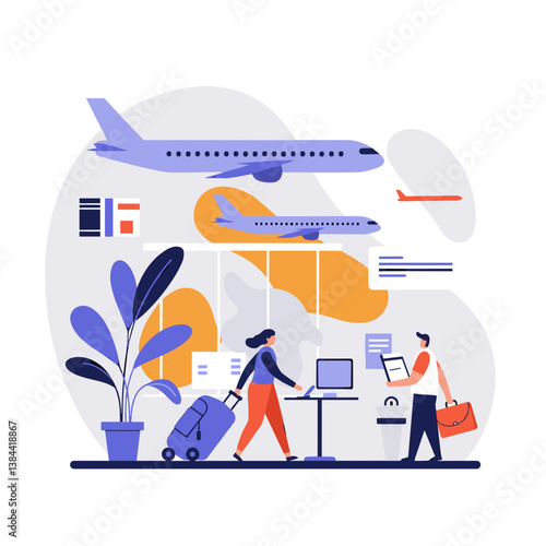 Airport Layover Scene with Travelers and Airplanes Against a Modern Background  