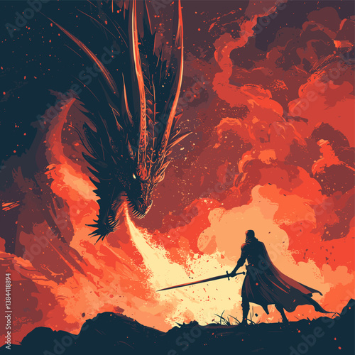 Epic Battle Between Dragon and Warrior in Fiery Landscape - Digital Art