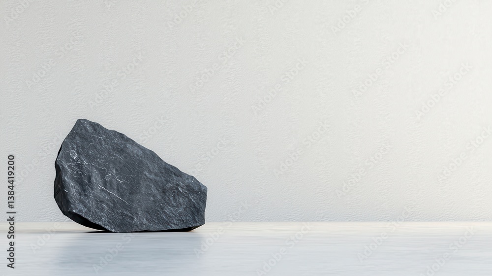 Fototapeta premium Abstract Stone's Simplicity: A solitary, dark grey stone rests, minimalist, creating a sense of groundedness and solidity.