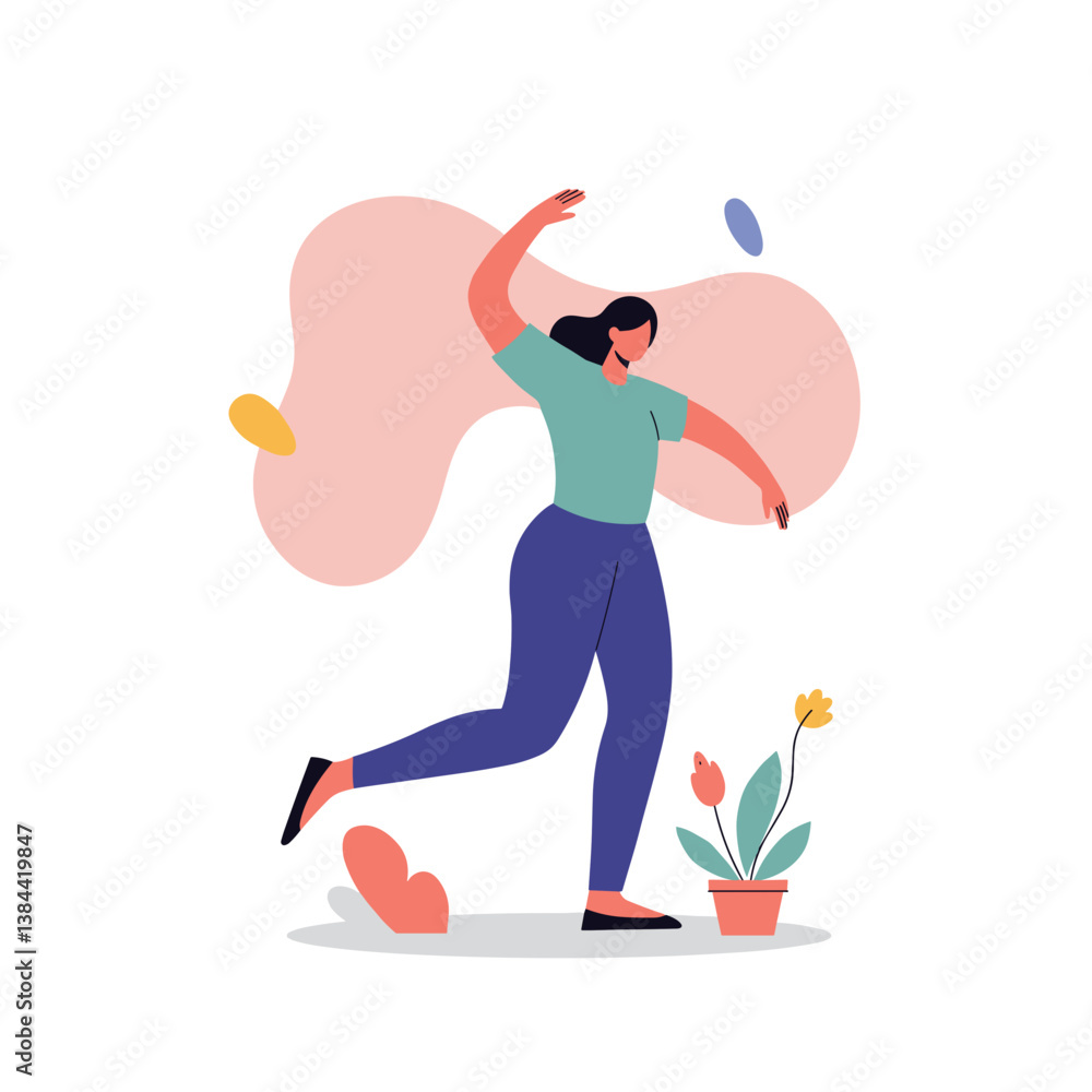 Dancing person joyfully interacting with a potted plant against a colorful background Dancing person joyfully interacting with a potted plant against a colorful background