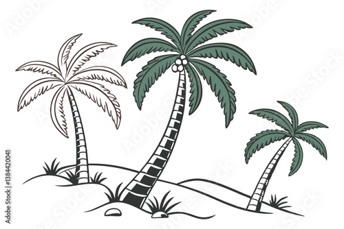 Tropical summer island beach vector illustration with palm tree silhouette under the sun