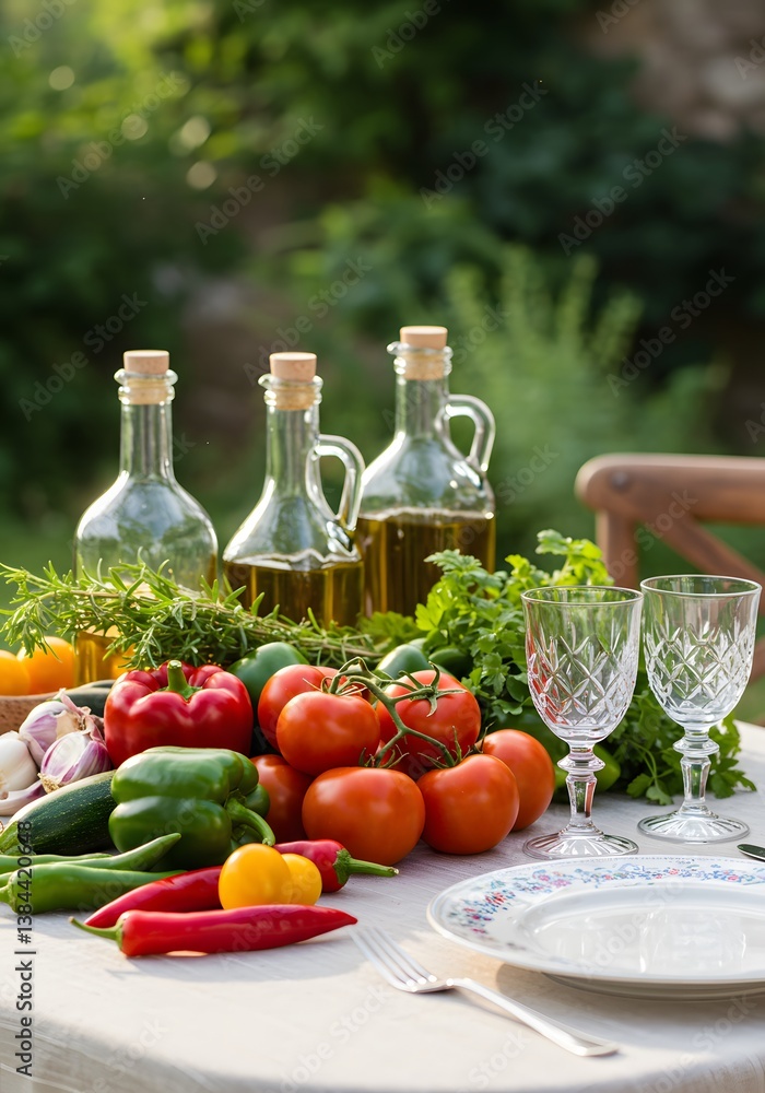 fresh vegetables and empty glasses are arranged on a wooden table in a garden setting,outdoor dining, Vibrant, rustic outdoor table setting,Fresh garden vegetables, colorful tomatoes and peppers,