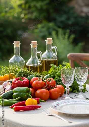 fresh vegetables and empty glasses are arranged on a wooden table in a garden setting,outdoor dining,  Vibrant, rustic outdoor table setting,Fresh garden vegetables,  colorful tomatoes and peppers, 