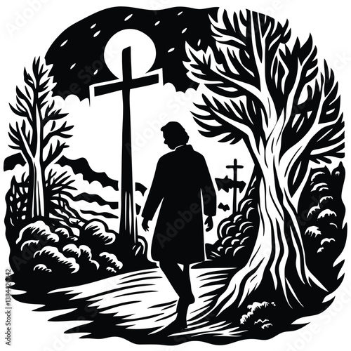  "Silhouette of a man walking alone with a cross in the distance."