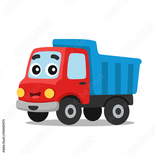 Cute cartoon dump truck smiling in a playful style on a white background  