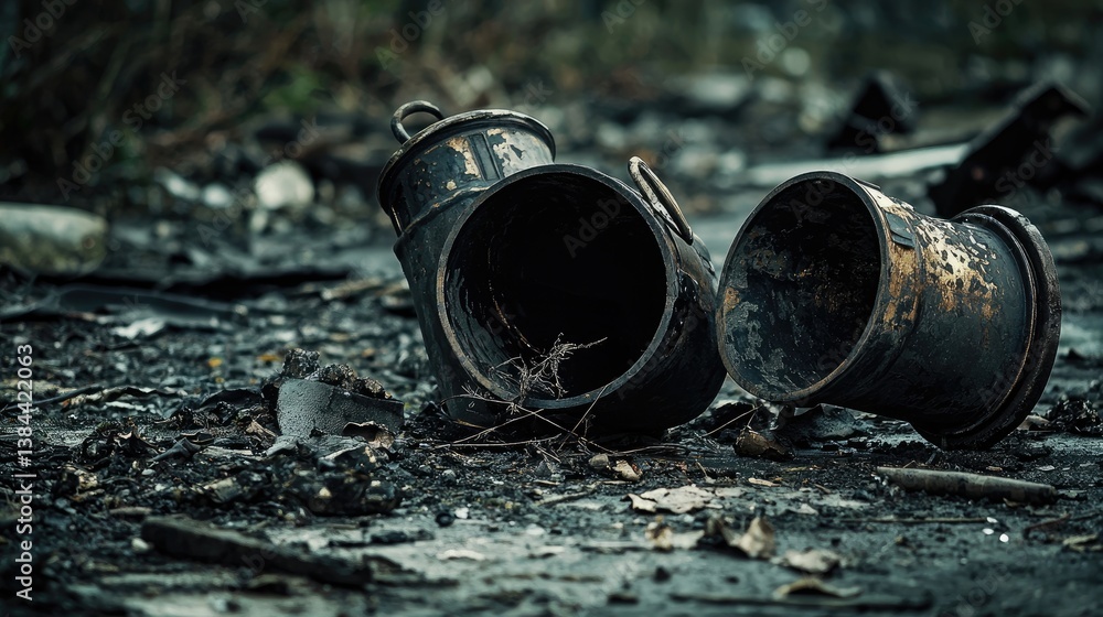 Rusty Metal Buckets Lying Amidst a Charred Landscape of Debris and Remains