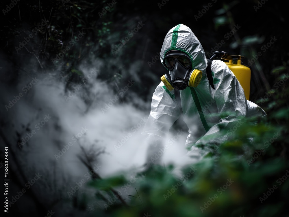 Obraz premium Person dressed in protective white suit and yellow black gas mask for safe handling of hazardous chemicals outdoors