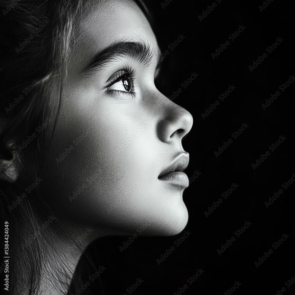 Fototapeta premium A thoughtful young girl gazing upward, captured in dramatic black and white lighting.