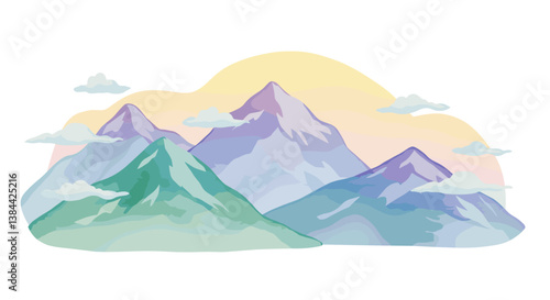 Watercolor mountain landscape with soft colors and clouds  