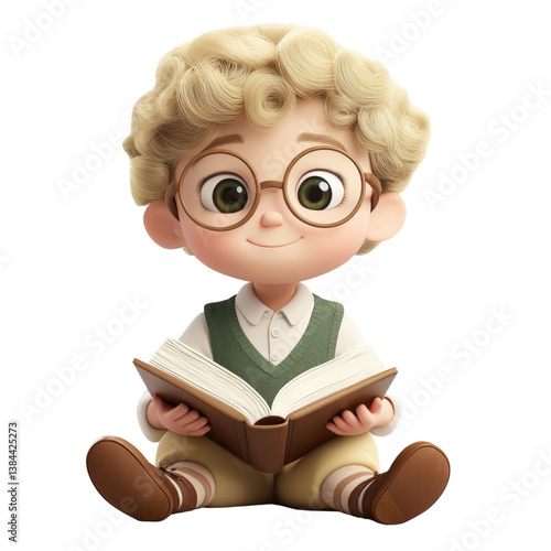 Cartoon boy wearing glasses sitting and reading a book with a happy expression isolated on transparent background