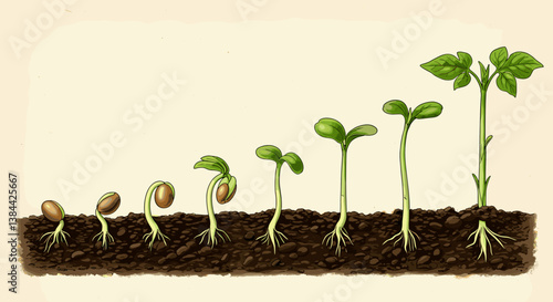 Growth Stages of Seedlings in Soil on Neutral Background  