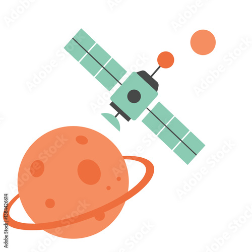 Cartoon Satellite Orbiting a Planet on a White Background  