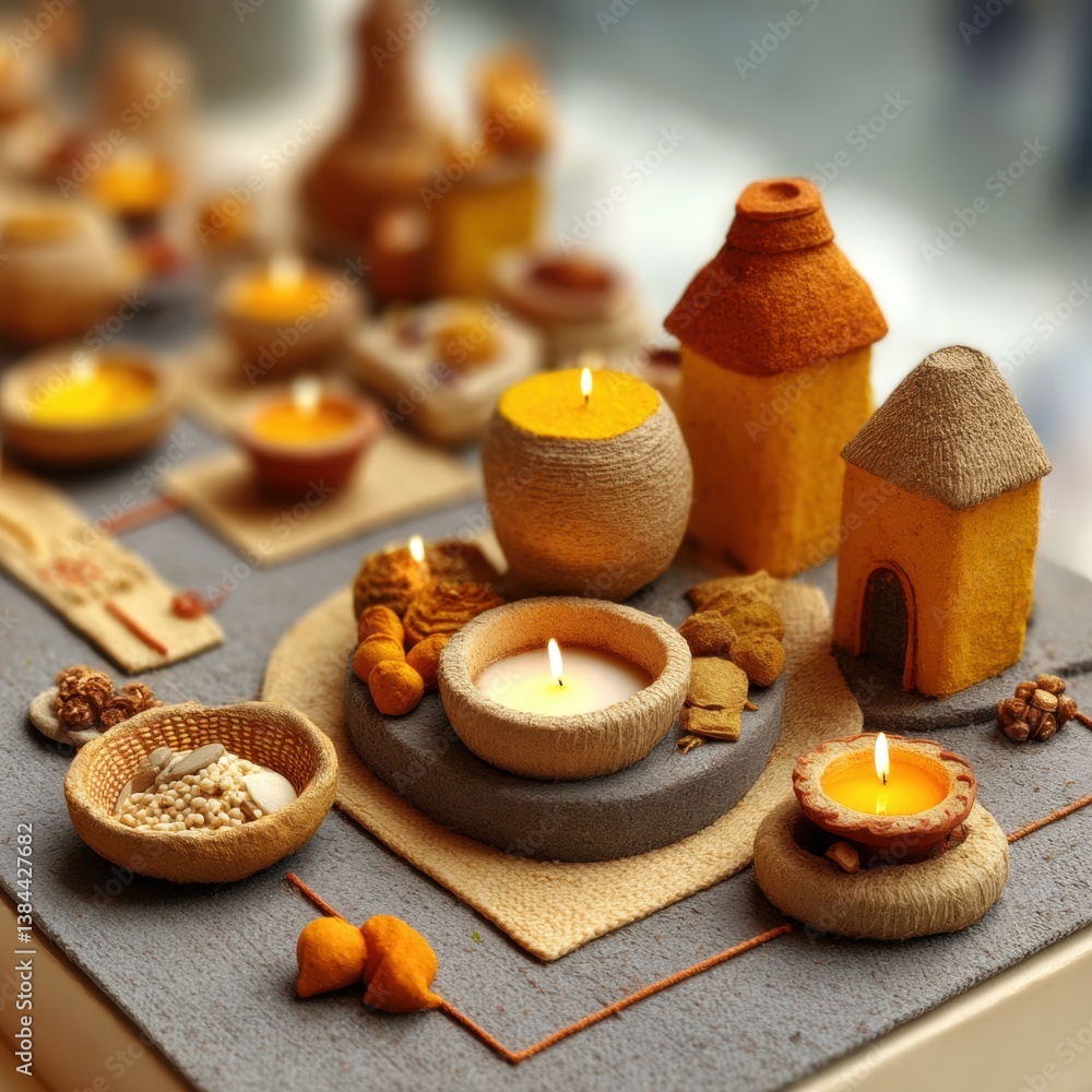 Tastefully decorated table with a candle and various decorations creating a welcoming and stylish dining experience Tastefully decorated table with a candle and various decorations creating a welcoming and stylish dining experience