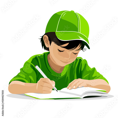 Child Concentrating While Writing in a Notebook  
