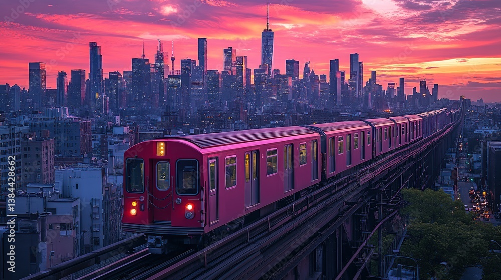 Fototapeta premium Elevated train traversing NYC skyline at sunrise