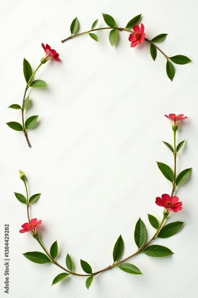 Fototapeta premium A few isolated branches with leaves and flowers scattered around white surface, flower, botanical, green