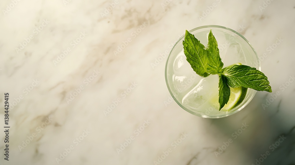 A festive National Cocktail Day background featuring a glass of mojito with mint leaves and lime, macro shot, Minimalist style
