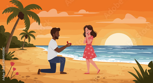 Romantic beach proposal at sunset with joyful surprise  