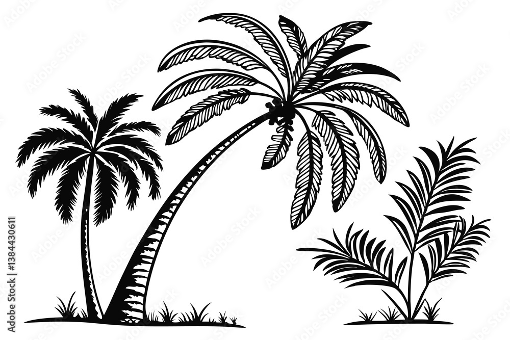 Tropical beach vector illustration features a summer sunset silhouette of palm trees against the sea, evoking an island paradise Tropical beach vector illustration features a summer sunset silhouette of palm trees against the sea, evoking an island paradise