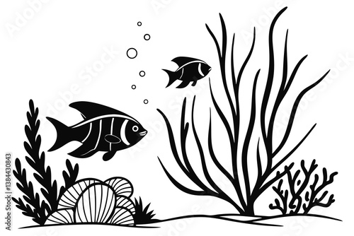 Black and white floral vector illustration with set of algae fish and leaf silhouette on a spring pattern