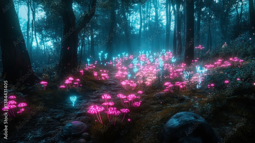 Fototapeta premium Neon Forest Fungi Glow Path