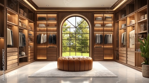 Luxurious walk-in closet with wooden cabinetry, arched window, and leather ottoman.  Spacious, elegant, and well-organized.  Natural light, scenic view.