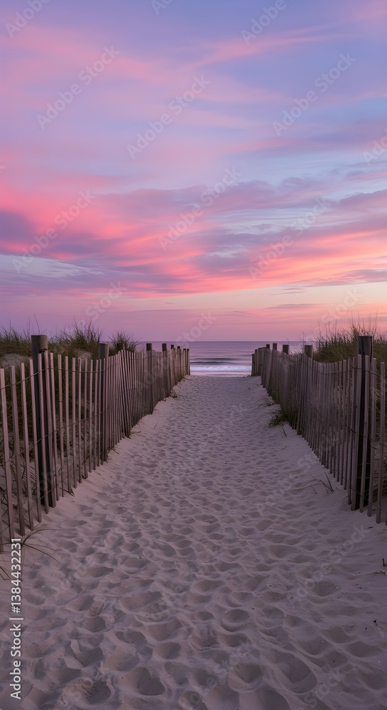 Obraz premium Sandy Beach Path with Wooden Fence Leading Through Dunes to Ocean Under Vibrant Pink Sunset Sky