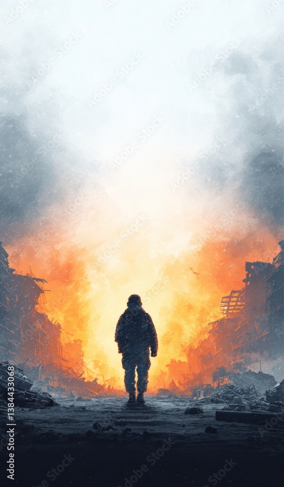 Obraz premium Dramatic image of a person walking through flames, portraying strength and courage in extreme situations