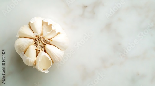 Obraz na płótnie A festive National Garlic Day background featuring a head of fresh garlic with a clove peeled and ready to use, macro shot, Minimalist style w salonie