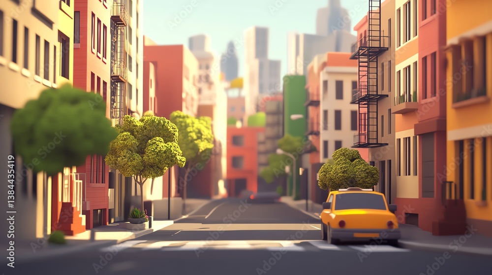 Obraz premium Vibrant urban street scene with colorful buildings.