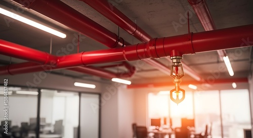 Ceiling fire sprinkler system. Red pipes, modern office. Ensures rapid fire suppression. Promotes a safe workplace. Safety first!