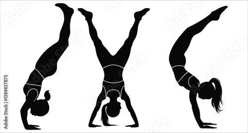 Three people performing handstands in different poses silhouettes vector art. Set of gymnasts balancing on hands silhouette vector design. Black silhouettes of three people in handstand positions