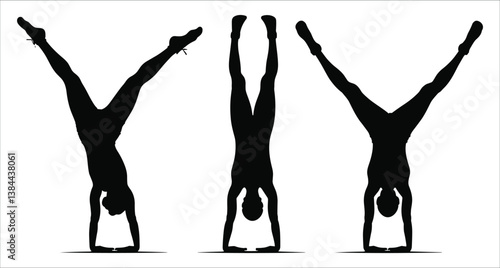 Three people performing handstands in different poses silhouettes vector art. Set of gymnasts balancing on hands silhouette vector design. Black silhouettes of three people in handstand positions