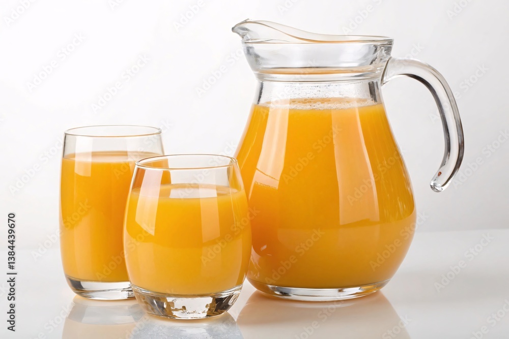 Freshly Squeezed Orange Juice in Glass Pitcher on White Surface. Freshly Squeezed Orange Juice in Glass Pitcher on White Surface.
