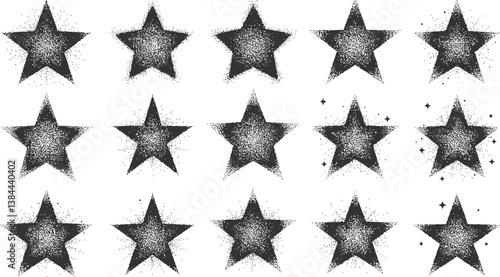 Halftone dots star set. Dotted grain starburst collection. Noise texture stippled sparkles. vector set