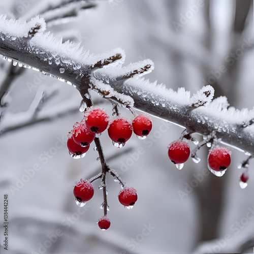 Winter scene of frost-covered branches with red berries, high contrast, minimalist composition