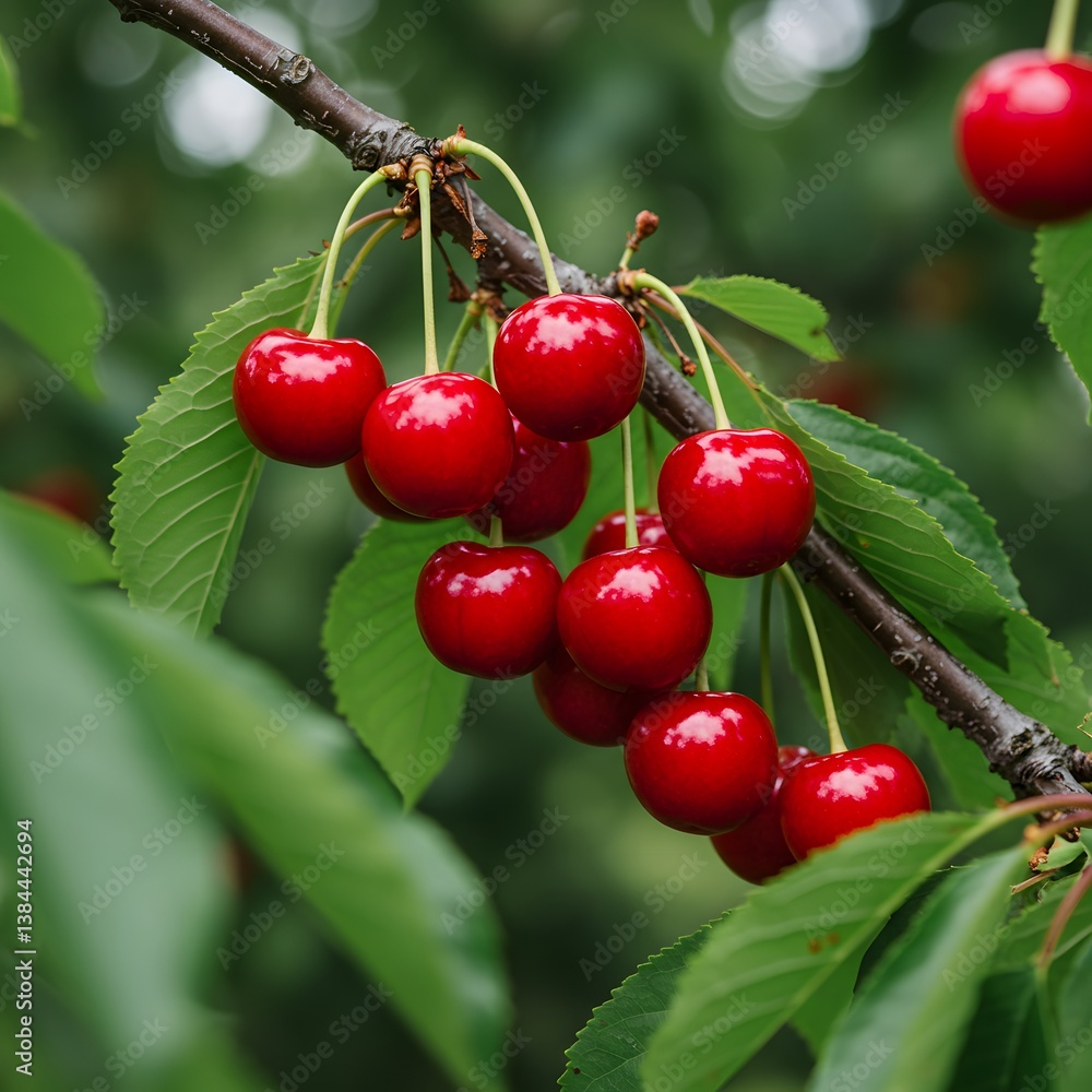 lush green leaves, bokeh background, selective focus, natural light, orchard setting, summer harvest, fresh fruit, Delicious ripe red cherries hanging on a branch in an orchard, ready for harvest