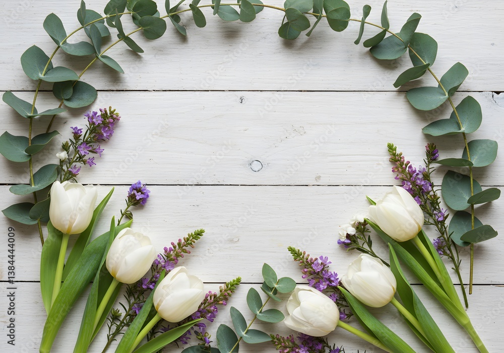 Floral arrangement, white wooden background, green eucalyptus leaves, white tulips, purple wildflowers ,White flowers and eucalyptus leaves a border on a white wooden background