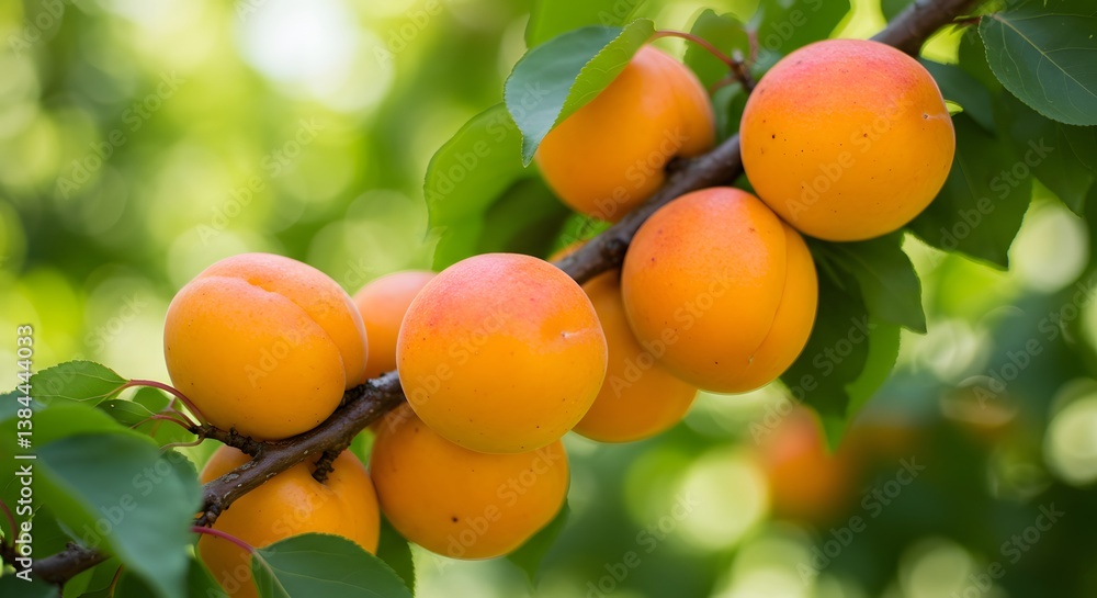 Closeup of ripe apricots on branch, sunlit orchard, bokeh background, vibrant orange fruits, green leaves, Close up of ripe apricots growing on a branch in an orchard, bathed in the warm summer sunlig