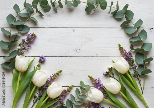 Obraz na płótnie Floral arrangement, white wooden background, green eucalyptus leaves, white tulips, purple wildflowers ,White flowers and eucalyptus leaves a border on a white wooden background w salonie