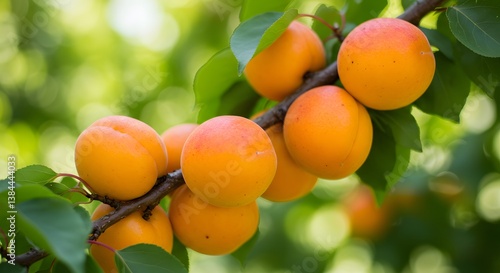 Obraz na płótnie Closeup of ripe apricots on branch, sunlit orchard, bokeh background, vibrant orange fruits, green leaves, Close up of ripe apricots growing on a branch in an orchard, bathed in the warm summer sunlig w salonie